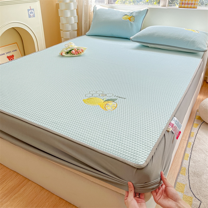 91家纺网 家纺一手货源 找家纺 鑫钰 2023新款凉感豆豆冰丝凉席 冰柠檬-冰豆豆蓝（床笠款）