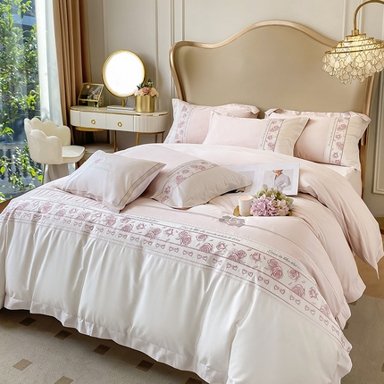 魅都100阿克苏长绒棉刺绣四件套--雅颜系列 雅颜-樱花粉