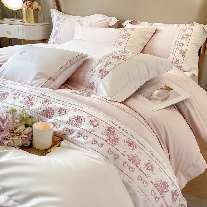 91家纺网 家纺一手货源 找家纺 魅都100阿克苏长绒棉刺绣四件套--雅颜系列 雅颜-樱花粉