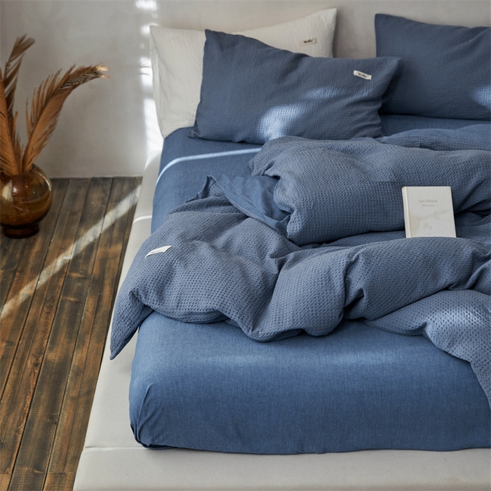 91家纺网 家纺一手货源 找家纺 安莱生活 2023新款A类水洗色织纯色华夫格四件套 微小华夫格-深蓝