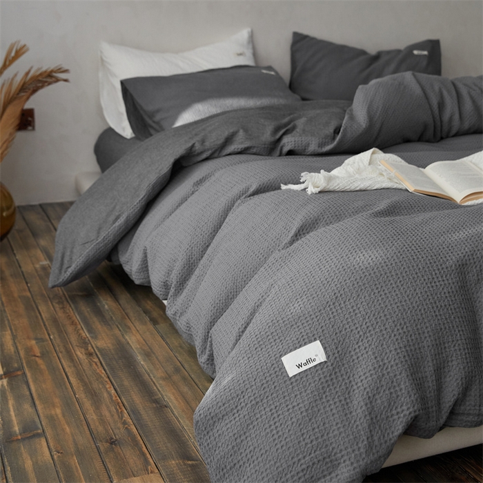 91家纺网 家纺一手货源 找家纺 安莱生活 2023新款A类水洗色织纯色华夫格四件套 微小华夫格-深灰