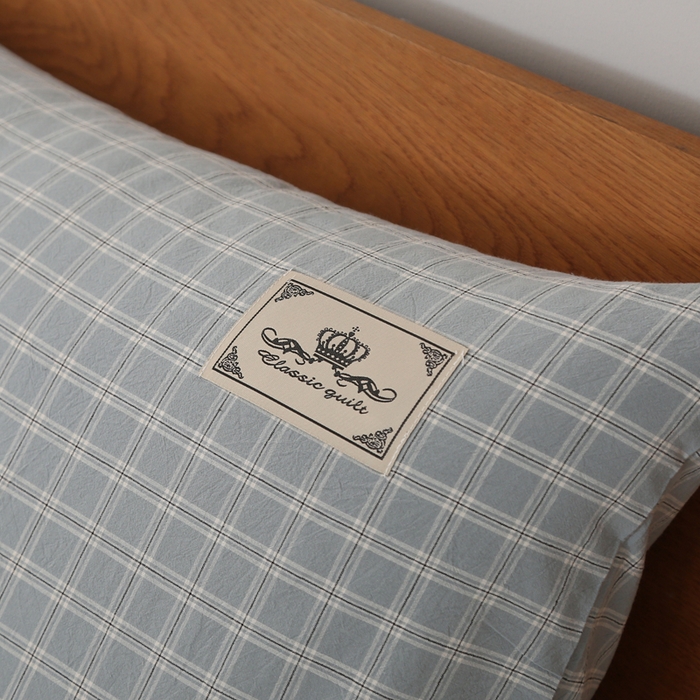 91家纺网 家纺一手货源 找家纺 锦绣万家 2023新款色织水洗棉格子枕套 小布丁蓝