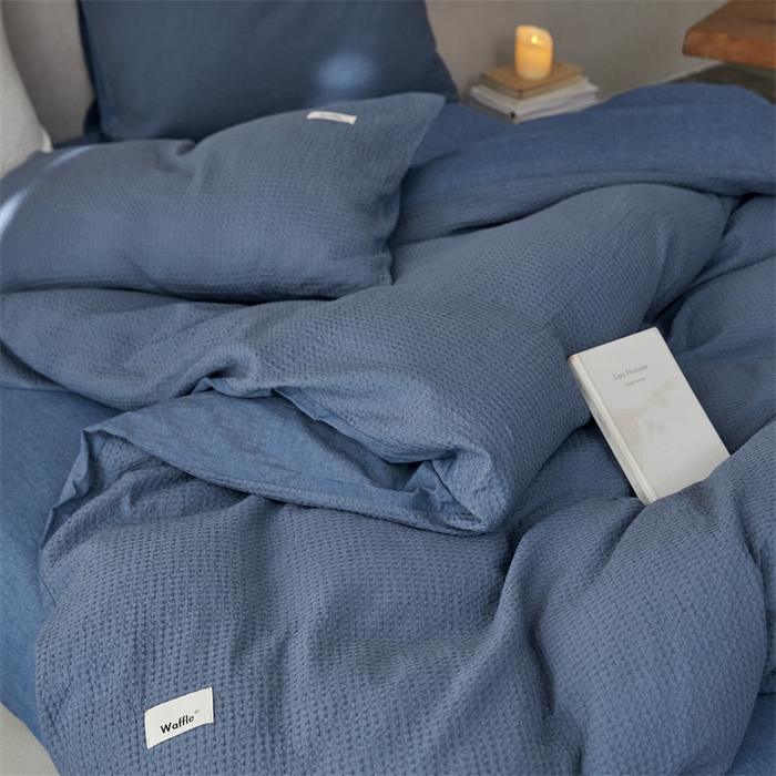 91家纺网 家纺一手货源 找家纺 安莱生活 2023新款A类水洗色织纯色华夫格四件套 微小华夫格-深蓝