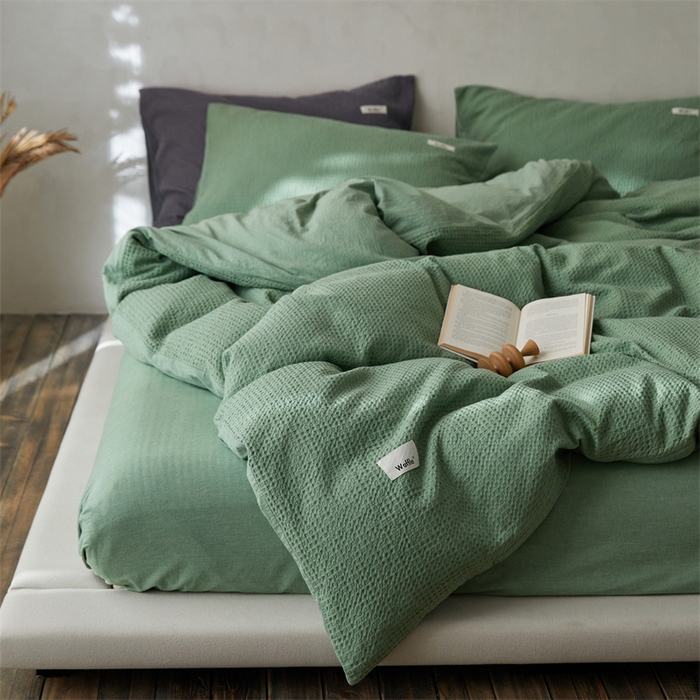 91家纺网 家纺一手货源 找家纺 安莱生活 2023新款A类水洗色织纯色华夫格四件套 微小华夫格-嫩绿