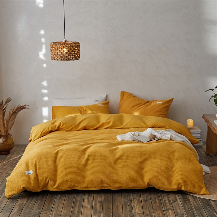 91家纺网 家纺一手货源 找家纺 安莱生活 2023新款A类水洗色织纯色华夫格四件套 微小华夫格-姜黄