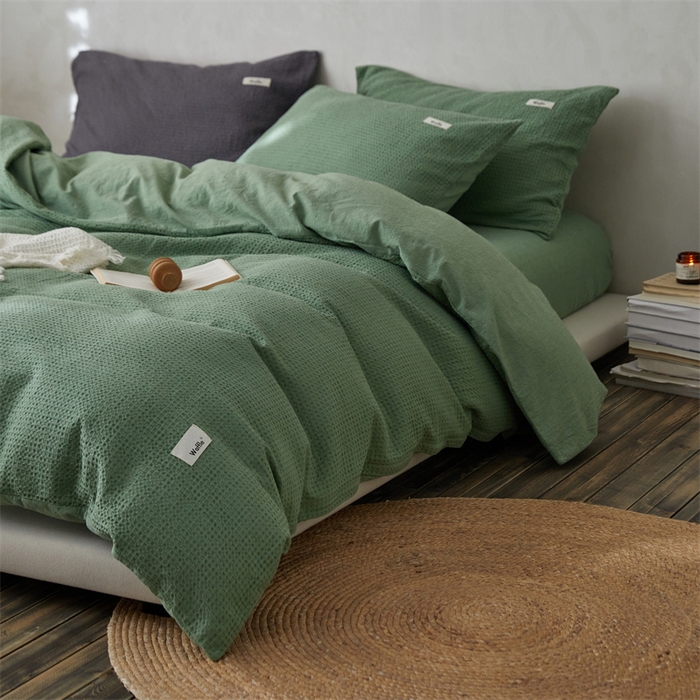 91家纺网 家纺一手货源 找家纺 安莱生活 2023新款A类水洗色织纯色华夫格四件套 微小华夫格-嫩绿