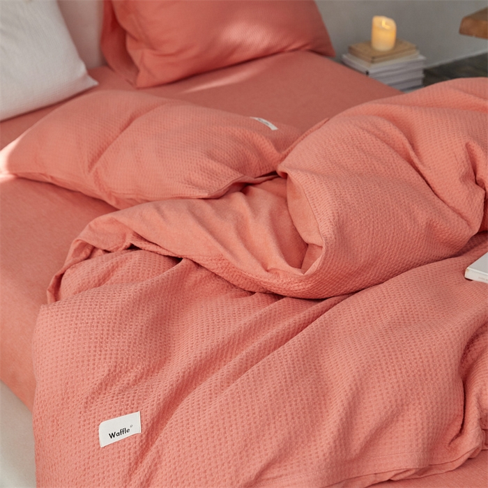 91家纺网 家纺一手货源 找家纺 安莱生活 2023新款A类水洗色织纯色华夫格四件套 微小华夫格-嫩粉