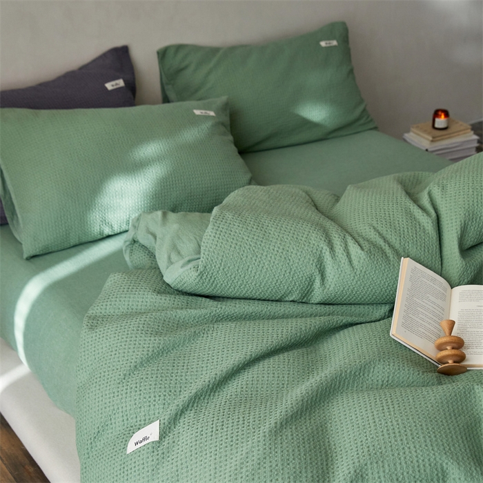 91家纺网 家纺一手货源 找家纺 安莱生活 2023新款A类水洗色织纯色华夫格四件套 微小华夫格-嫩绿
