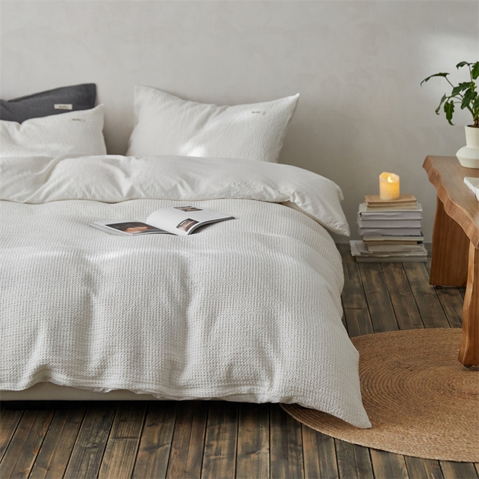 91家纺网 家纺一手货源 找家纺 安莱生活 2023新款A类水洗色织纯色华夫格四件套 微小华夫格-盐白