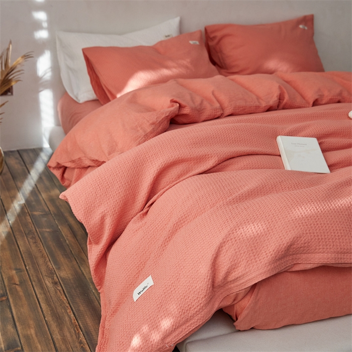 91家纺网 家纺一手货源 找家纺 安莱生活 2023新款A类水洗色织纯色华夫格四件套 微小华夫格-嫩粉