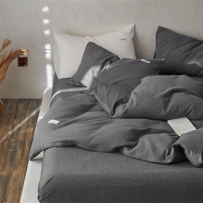 91家纺网 家纺一手货源 找家纺 安莱生活 2023新款A类水洗色织纯色华夫格四件套 微小华夫格-深灰