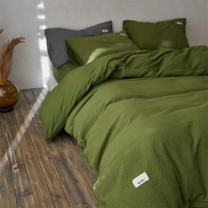 91家纺网 家纺一手货源 找家纺 安莱生活 2023新款A类水洗色织纯色华夫格四件套 微小华夫格-军绿