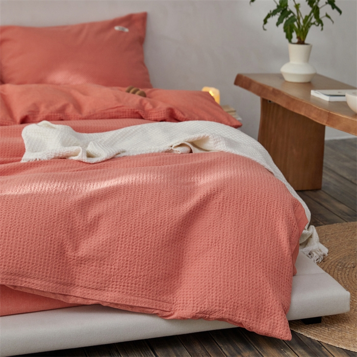 91家纺网 家纺一手货源 找家纺 安莱生活 2023新款A类水洗色织纯色华夫格四件套 微小华夫格-嫩粉