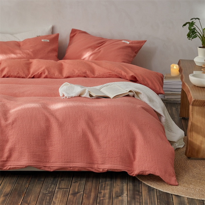 91家纺网 家纺一手货源 找家纺 安莱生活 2023新款A类水洗色织纯色华夫格四件套 微小华夫格-嫩粉