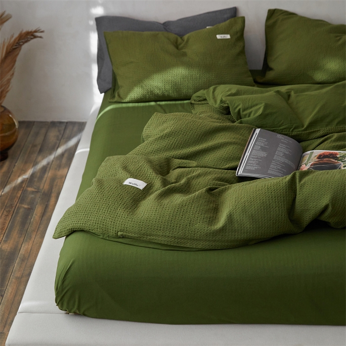 91家纺网 家纺一手货源 找家纺 安莱生活 2023新款A类水洗色织纯色华夫格四件套 微小华夫格-军绿