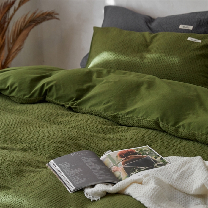 91家纺网 家纺一手货源 找家纺 安莱生活 2023新款A类水洗色织纯色华夫格四件套 微小华夫格-军绿