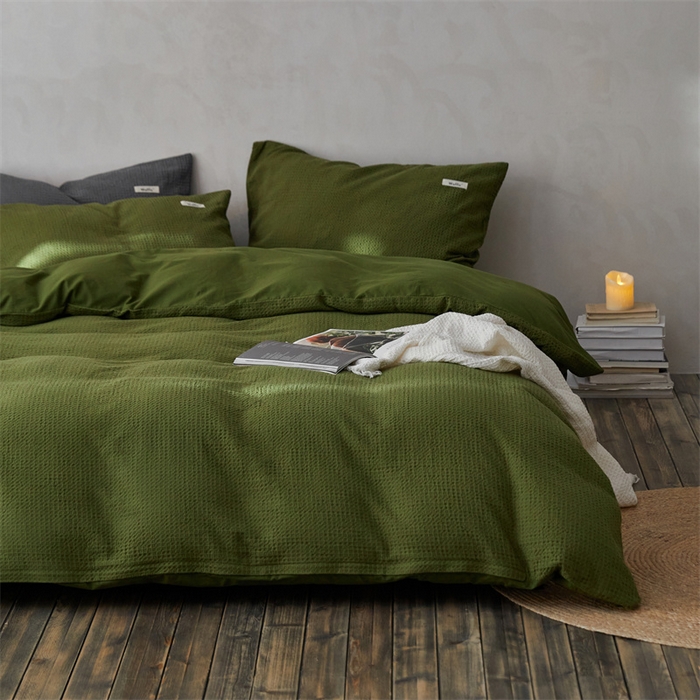 91家纺网 家纺一手货源 找家纺 安莱生活 2023新款A类水洗色织纯色华夫格四件套 微小华夫格-军绿