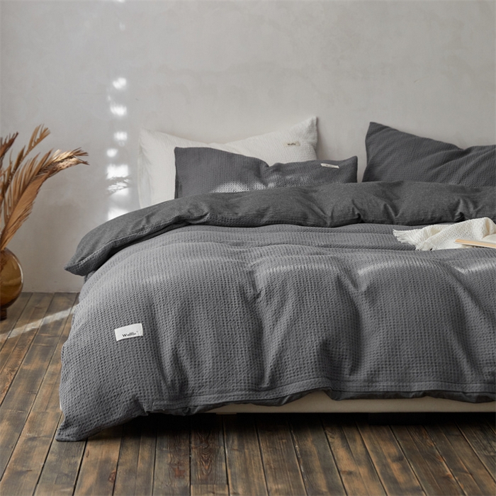 91家纺网 家纺一手货源 找家纺 安莱生活 2023新款A类水洗色织纯色华夫格四件套 微小华夫格-深灰