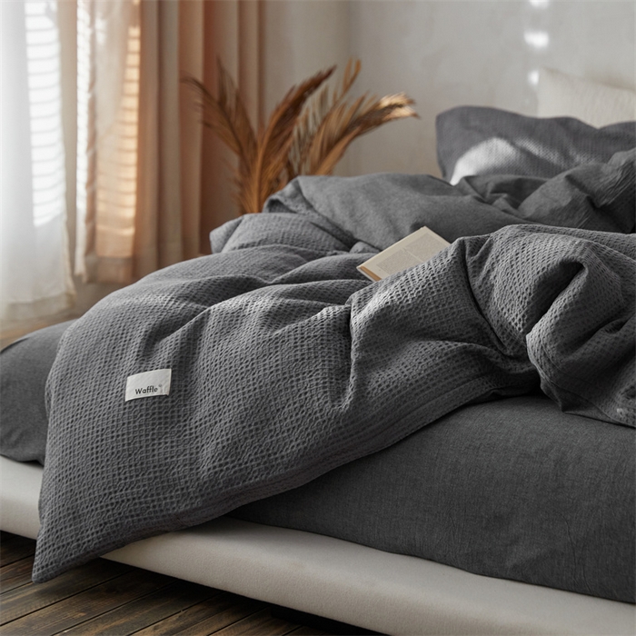 91家纺网 家纺一手货源 找家纺 安莱生活 2023新款A类水洗色织纯色华夫格四件套 微小华夫格-深灰