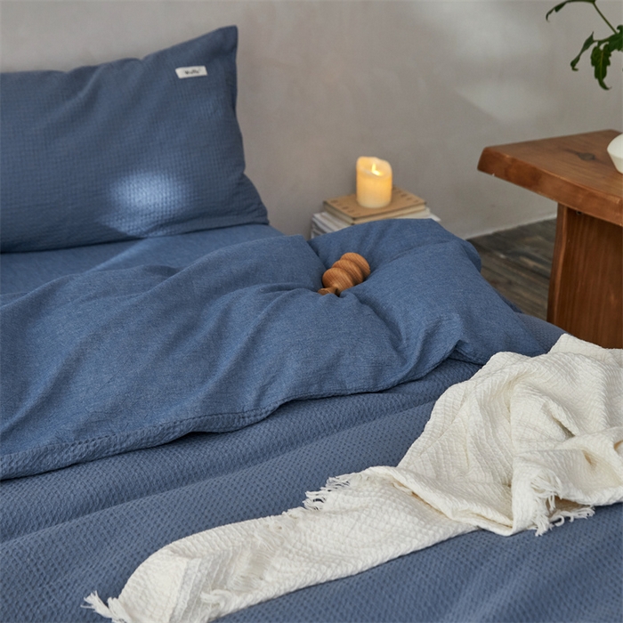 91家纺网 家纺一手货源 找家纺 安莱生活 2023新款A类水洗色织纯色华夫格四件套 微小华夫格-深蓝