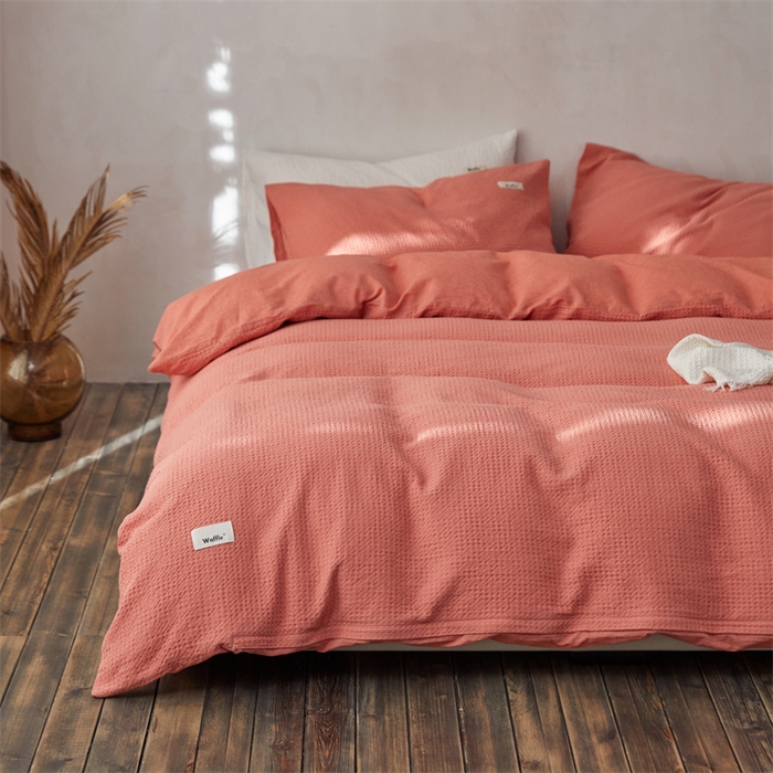 91家纺网 家纺一手货源 找家纺 安莱生活 2023新款A类水洗色织纯色华夫格四件套 微小华夫格-嫩粉