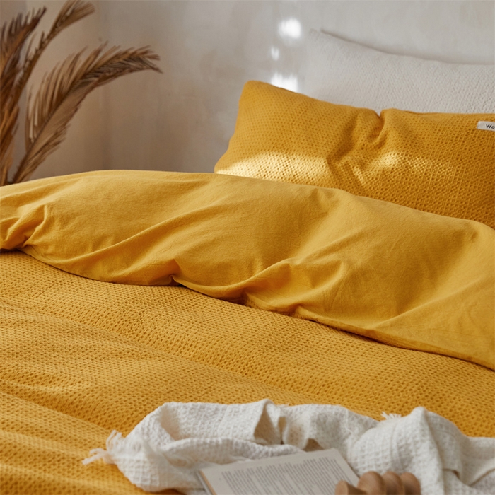 91家纺网 家纺一手货源 找家纺 安莱生活 2023新款A类水洗色织纯色华夫格四件套 微小华夫格-姜黄