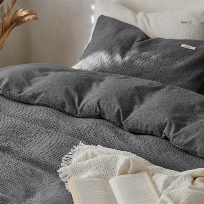 91家纺网 家纺一手货源 找家纺 安莱生活 2023新款A类水洗色织纯色华夫格四件套 微小华夫格-深灰