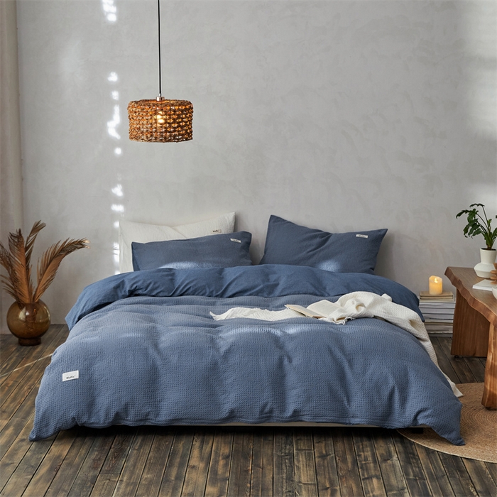 91家纺网 家纺一手货源 找家纺 安莱生活 2023新款A类水洗色织纯色华夫格四件套 微小华夫格-深蓝