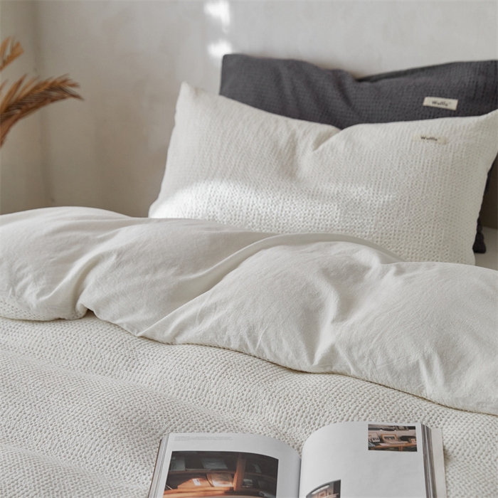 91家纺网 家纺一手货源 找家纺 安莱生活 2023新款A类水洗色织纯色华夫格四件套 微小华夫格-盐白