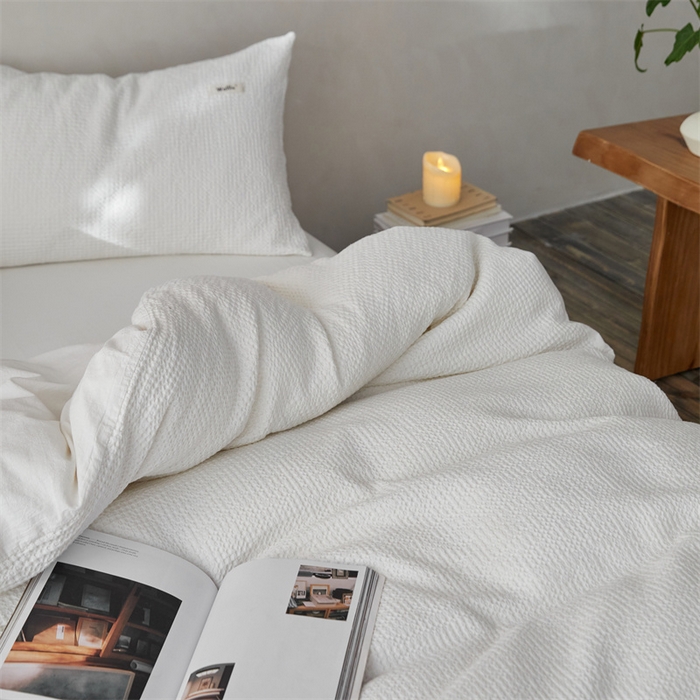 91家纺网 家纺一手货源 找家纺 安莱生活 2023新款A类水洗色织纯色华夫格四件套 微小华夫格-盐白