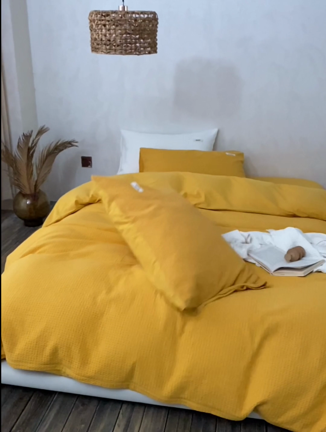 91家纺网 家纺一手货源 找家纺 安莱生活 2023新款A类水洗色织纯色华夫格四件套 微小华夫格-姜黄