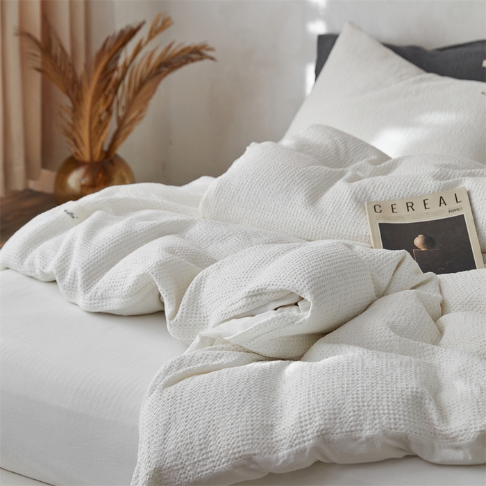 91家纺网 家纺一手货源 找家纺 安莱生活 2023新款A类水洗色织纯色华夫格四件套 微小华夫格-盐白