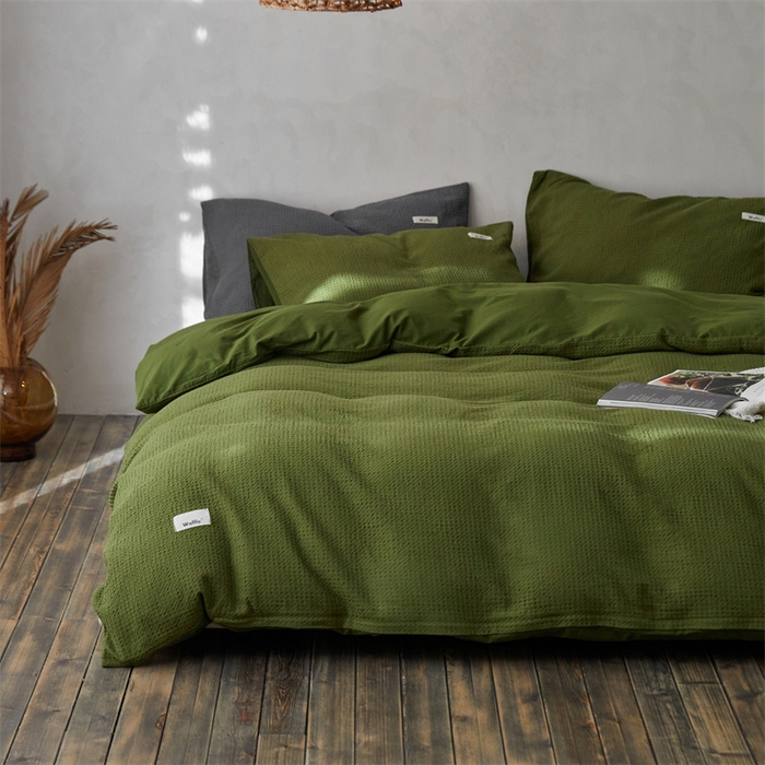 91家纺网 家纺一手货源 找家纺 安莱生活 2023新款A类水洗色织纯色华夫格四件套 微小华夫格-军绿