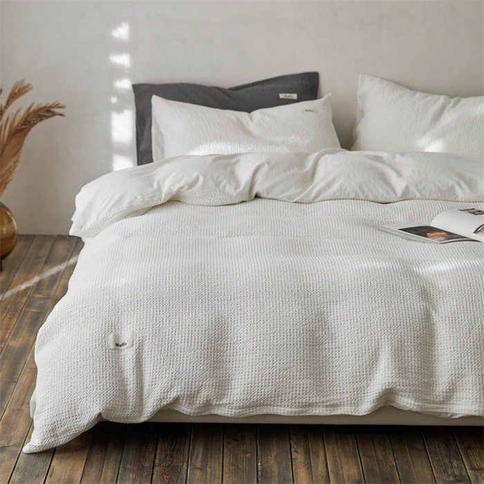 91家纺网 家纺一手货源 找家纺 安莱生活 2023新款A类水洗色织纯色华夫格四件套 微小华夫格-盐白