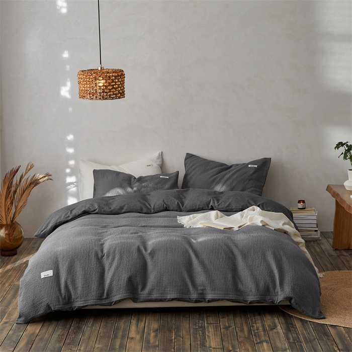 91家纺网 家纺一手货源 找家纺 安莱生活 2023新款A类水洗色织纯色华夫格四件套 微小华夫格-深灰