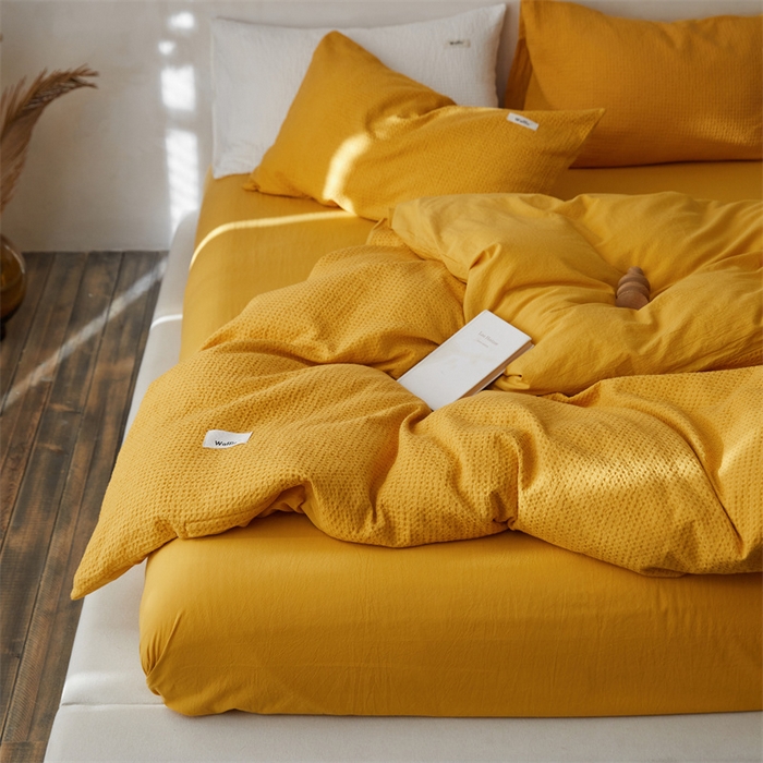 91家纺网 家纺一手货源 找家纺 安莱生活 2023新款A类水洗色织纯色华夫格四件套 微小华夫格-姜黄