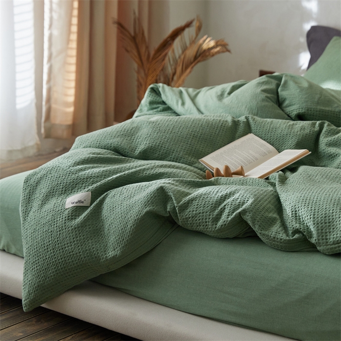 91家纺网 家纺一手货源 找家纺 安莱生活 2023新款A类水洗色织纯色华夫格四件套 微小华夫格-嫩绿