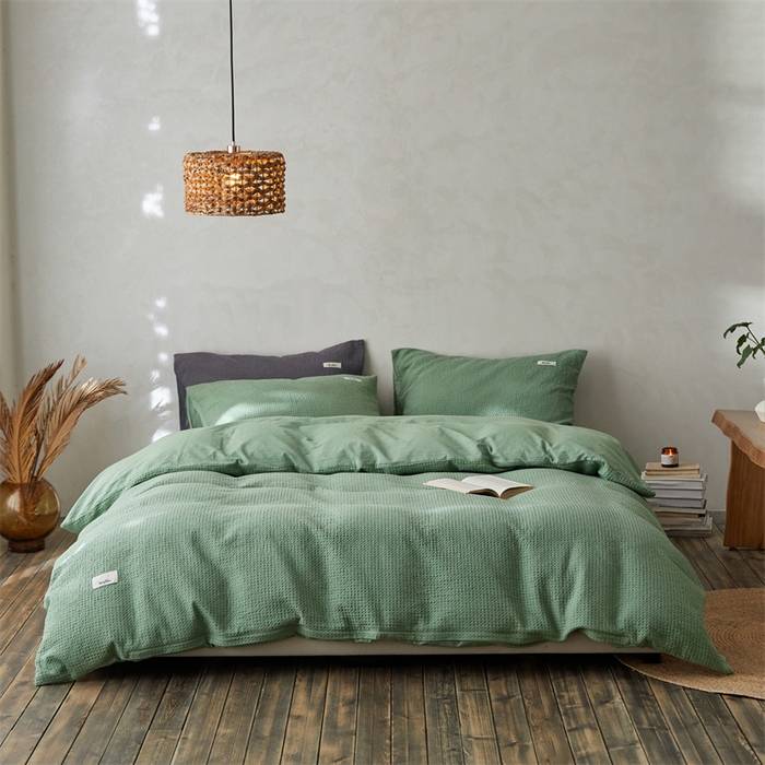 91家纺网 家纺一手货源 找家纺 安莱生活 2023新款A类水洗色织纯色华夫格四件套 微小华夫格-嫩绿