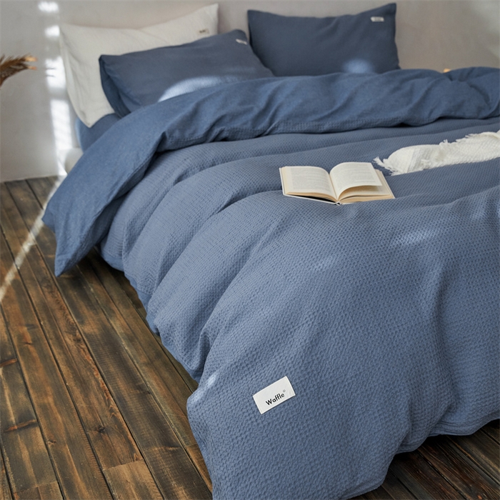 91家纺网 家纺一手货源 找家纺 安莱生活 2023新款A类水洗色织纯色华夫格四件套 微小华夫格-深蓝