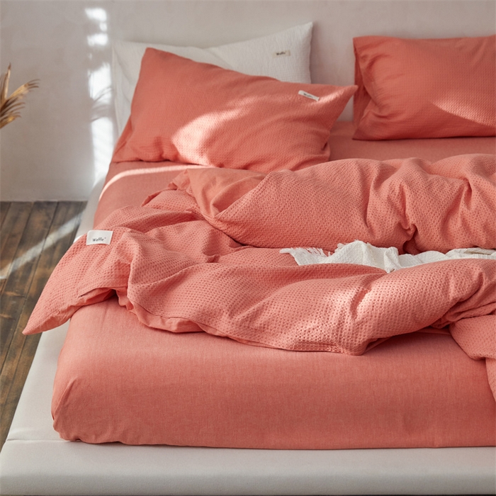 91家纺网 家纺一手货源 找家纺 安莱生活 2023新款A类水洗色织纯色华夫格四件套 微小华夫格-嫩粉