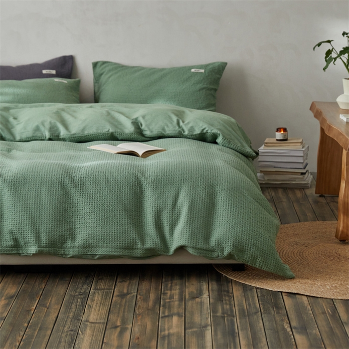 91家纺网 家纺一手货源 找家纺 安莱生活 2023新款A类水洗色织纯色华夫格四件套 微小华夫格-嫩绿