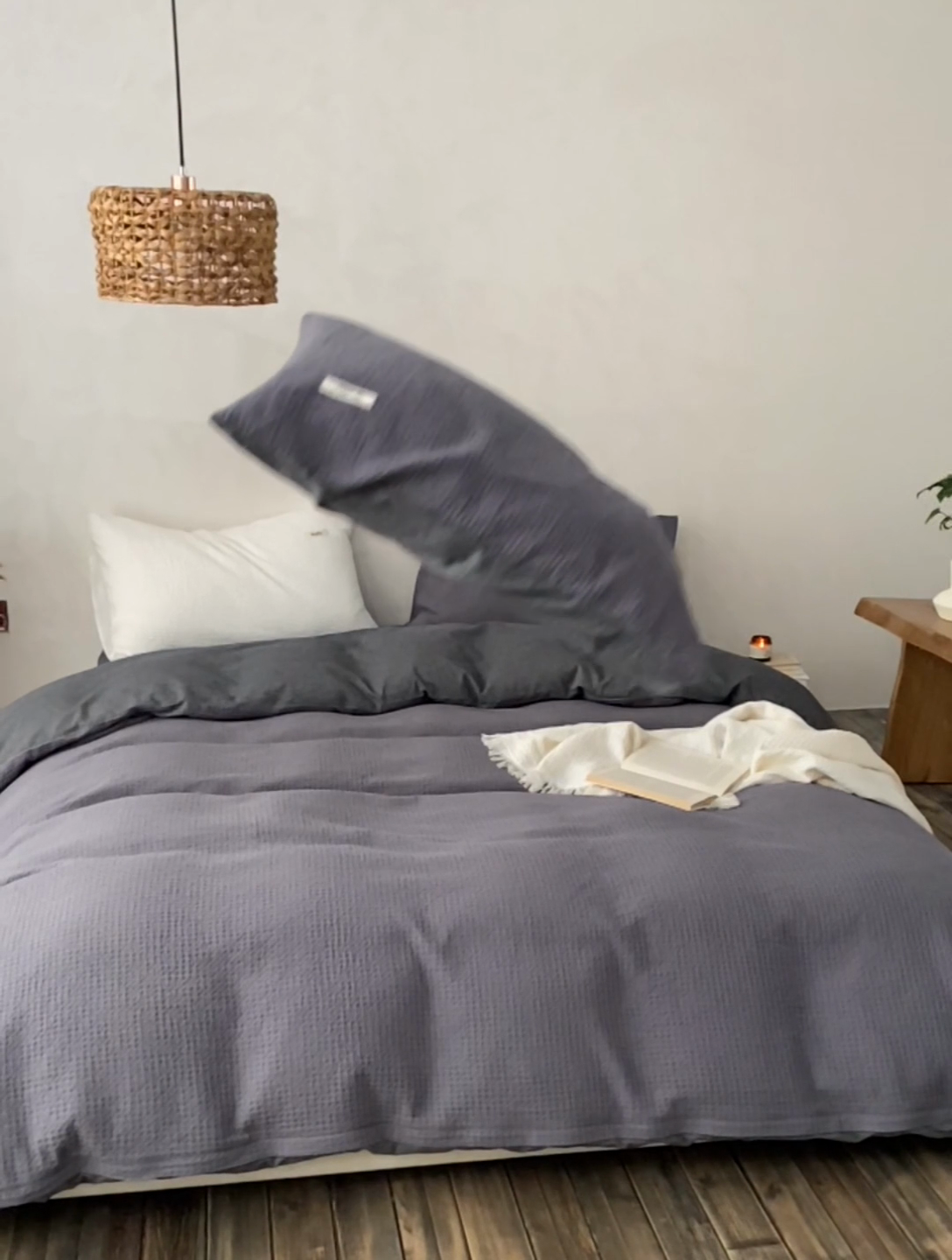 91家纺网 家纺一手货源 找家纺 安莱生活 2023新款A类水洗色织纯色华夫格四件套 微小华夫格-深灰