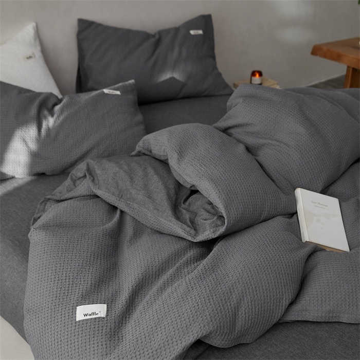 91家纺网 家纺一手货源 找家纺 安莱生活 2023新款A类水洗色织纯色华夫格四件套 微小华夫格-深灰