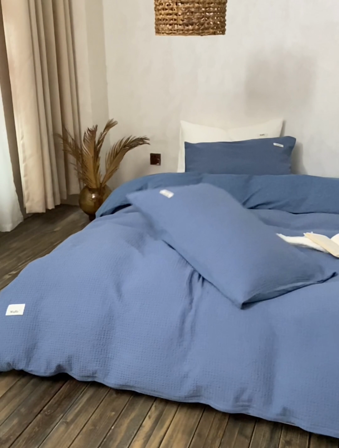 91家纺网 家纺一手货源 找家纺 安莱生活 2023新款A类水洗色织纯色华夫格四件套 微小华夫格-深蓝