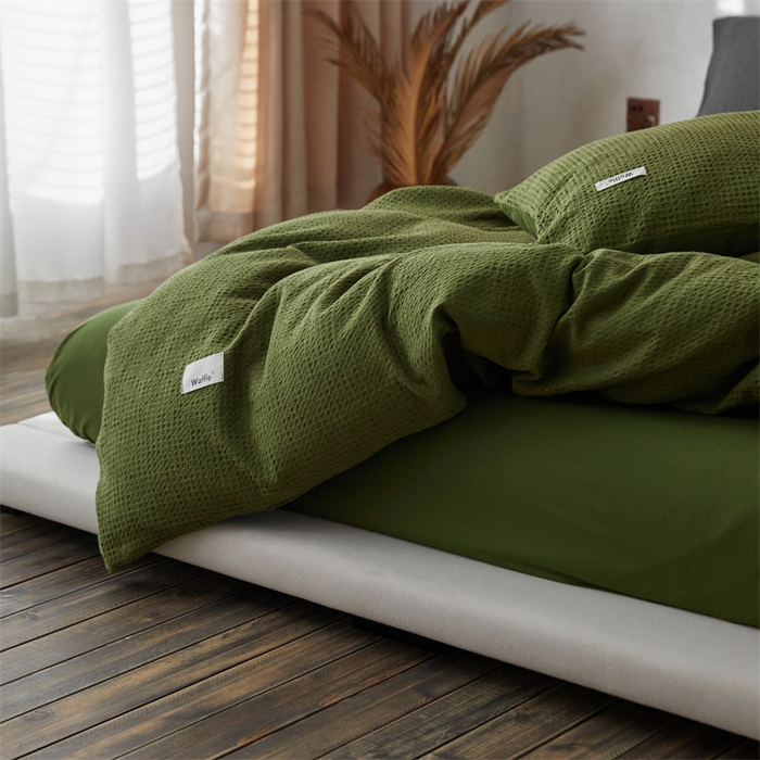 91家纺网 家纺一手货源 找家纺 安莱生活 2023新款A类水洗色织纯色华夫格四件套 微小华夫格-军绿