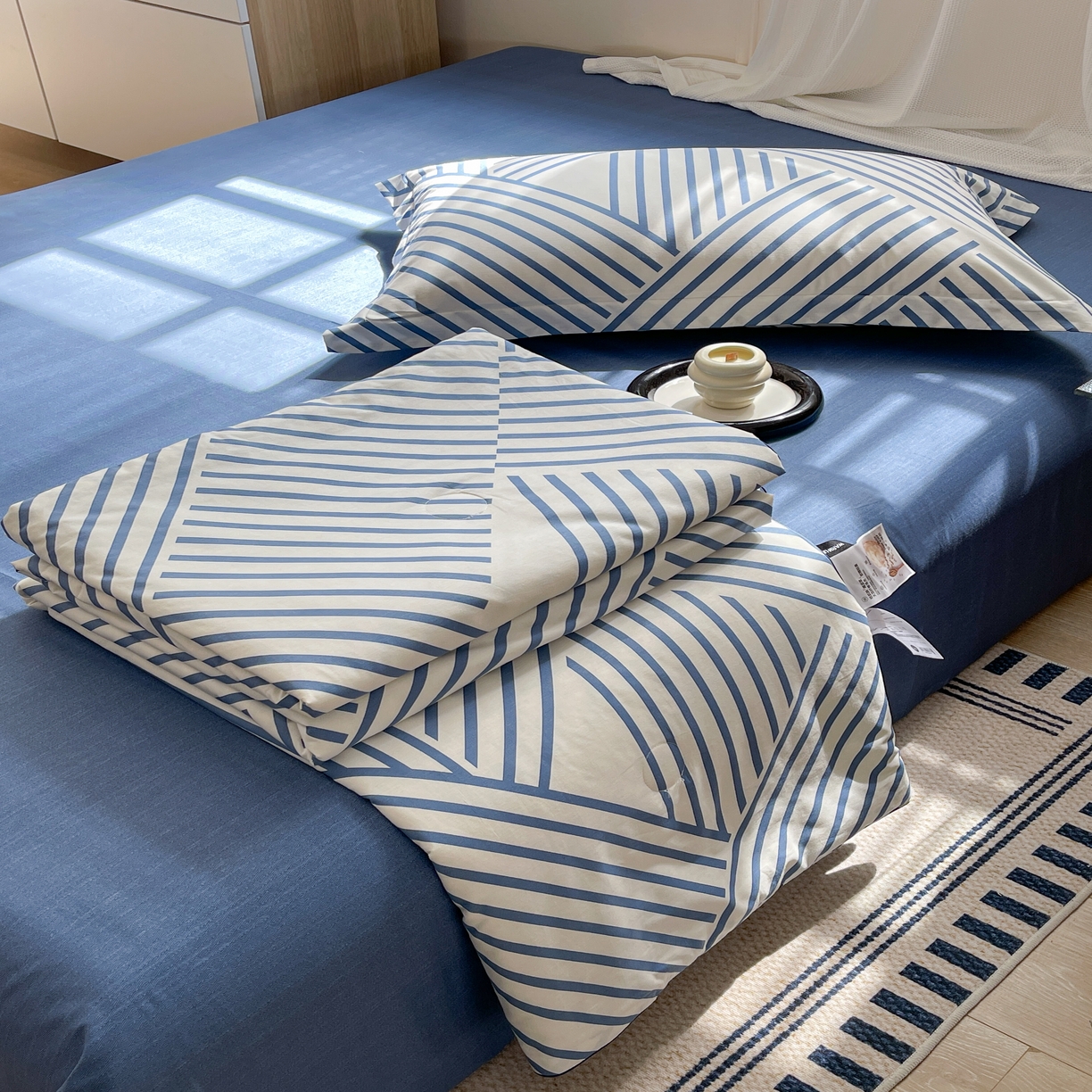 91家纺网 家纺一手货源 找家纺 柚子YOUTH 2023新款全棉夏被四件套 休闲条纹