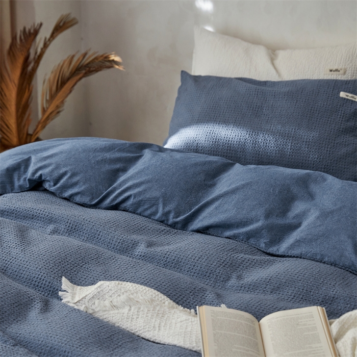 91家纺网 家纺一手货源 找家纺 安莱生活 2023新款A类水洗色织纯色华夫格四件套 微小华夫格-深蓝
