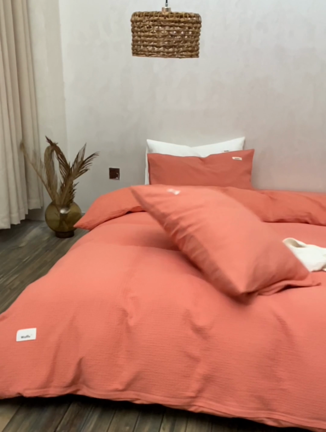 91家纺网 家纺一手货源 找家纺 安莱生活 2023新款A类水洗色织纯色华夫格四件套 微小华夫格-嫩粉