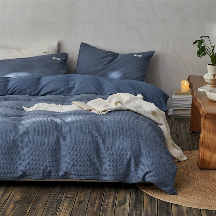 91家纺网 家纺一手货源 找家纺 安莱生活 2023新款A类水洗色织纯色华夫格四件套 微小华夫格-深蓝