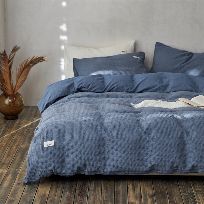 91家纺网 家纺一手货源 找家纺 安莱生活 2023新款A类水洗色织纯色华夫格四件套 微小华夫格-深蓝